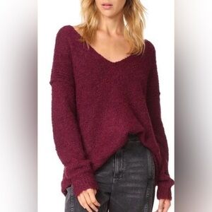 Free People Lofty V-Neck Sweater Wine Oversized Alpaca Blend Size M